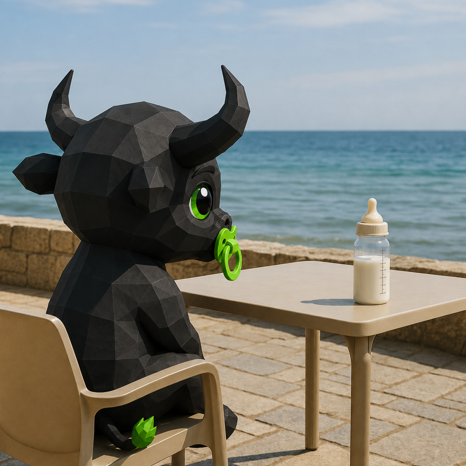 Baby bull with a green pacifier sitting at a seaside table with a bottle of milk