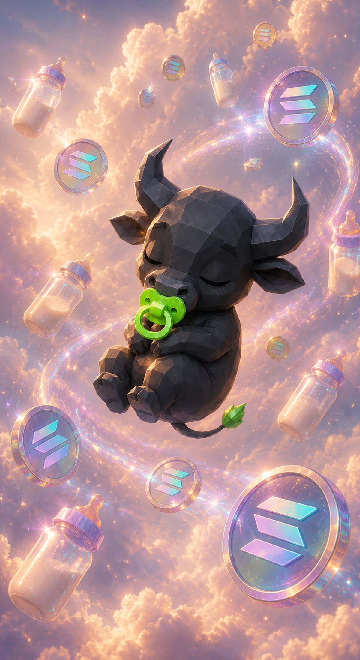 Baby Bull sleeping in the clouds surrounded by Solana coins and milk bottles