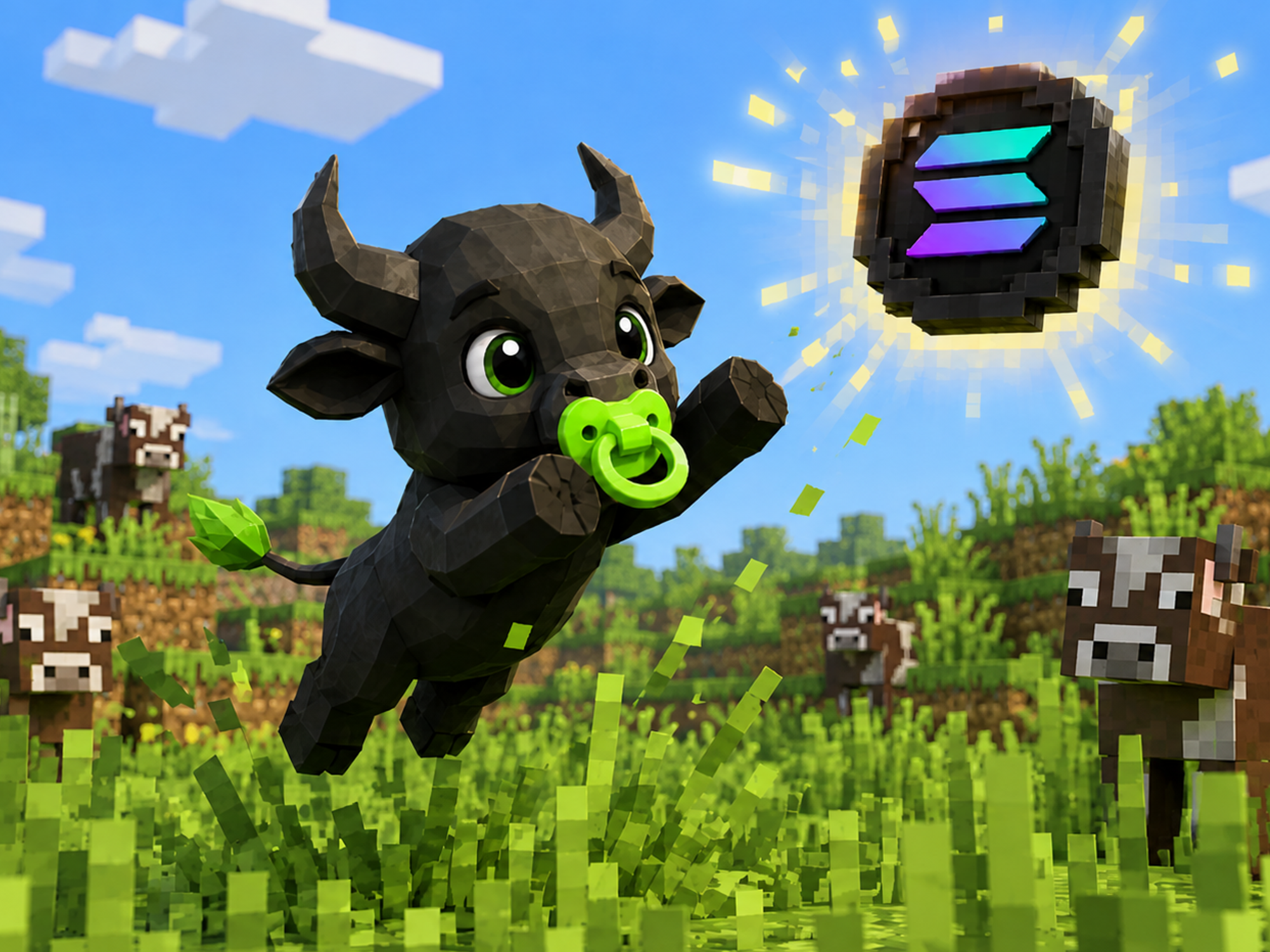 Baby Bull jumping toward a Solana coin in a Minecraft world