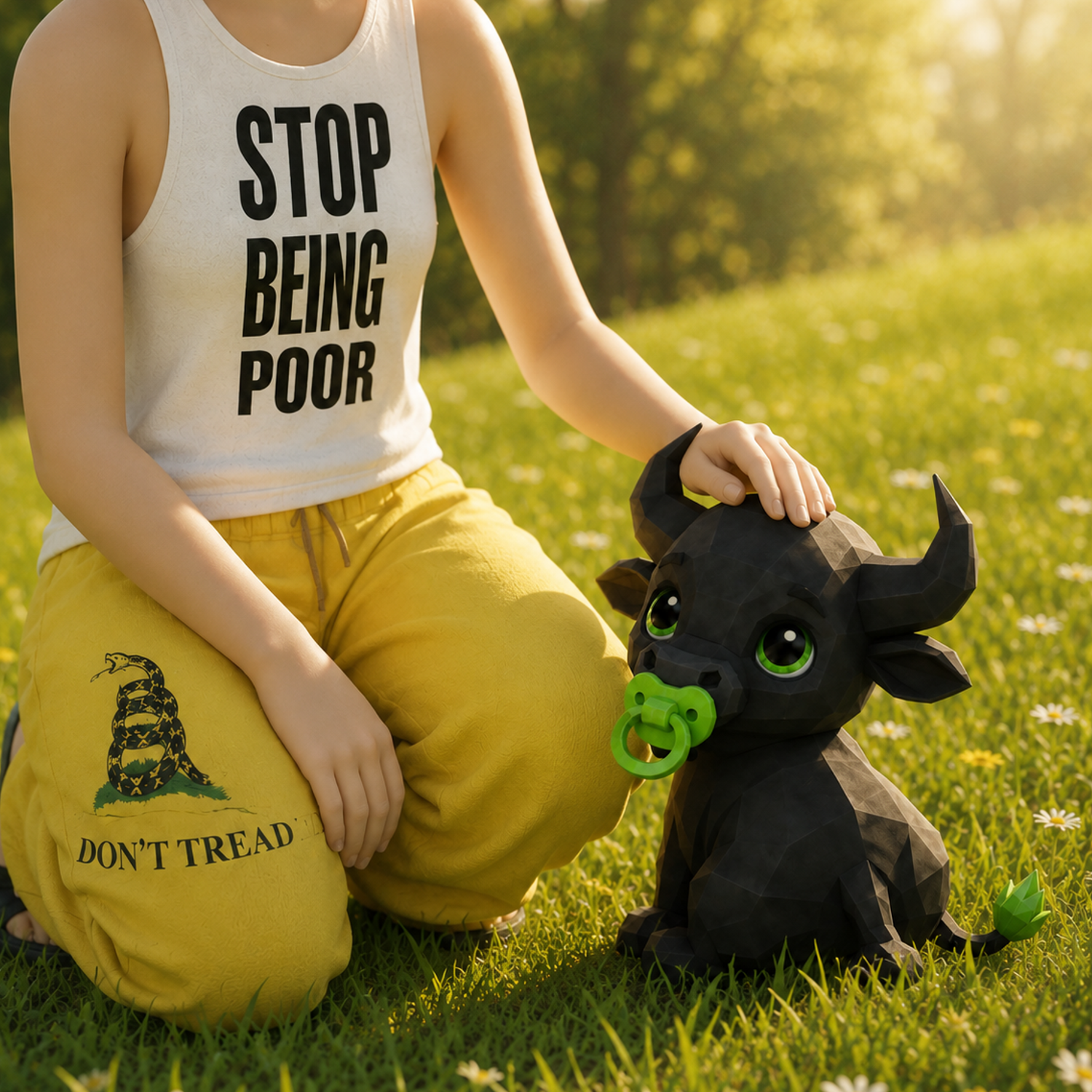 Baby Bull being petted by a girl wearing a Stop Being Poor shirt
