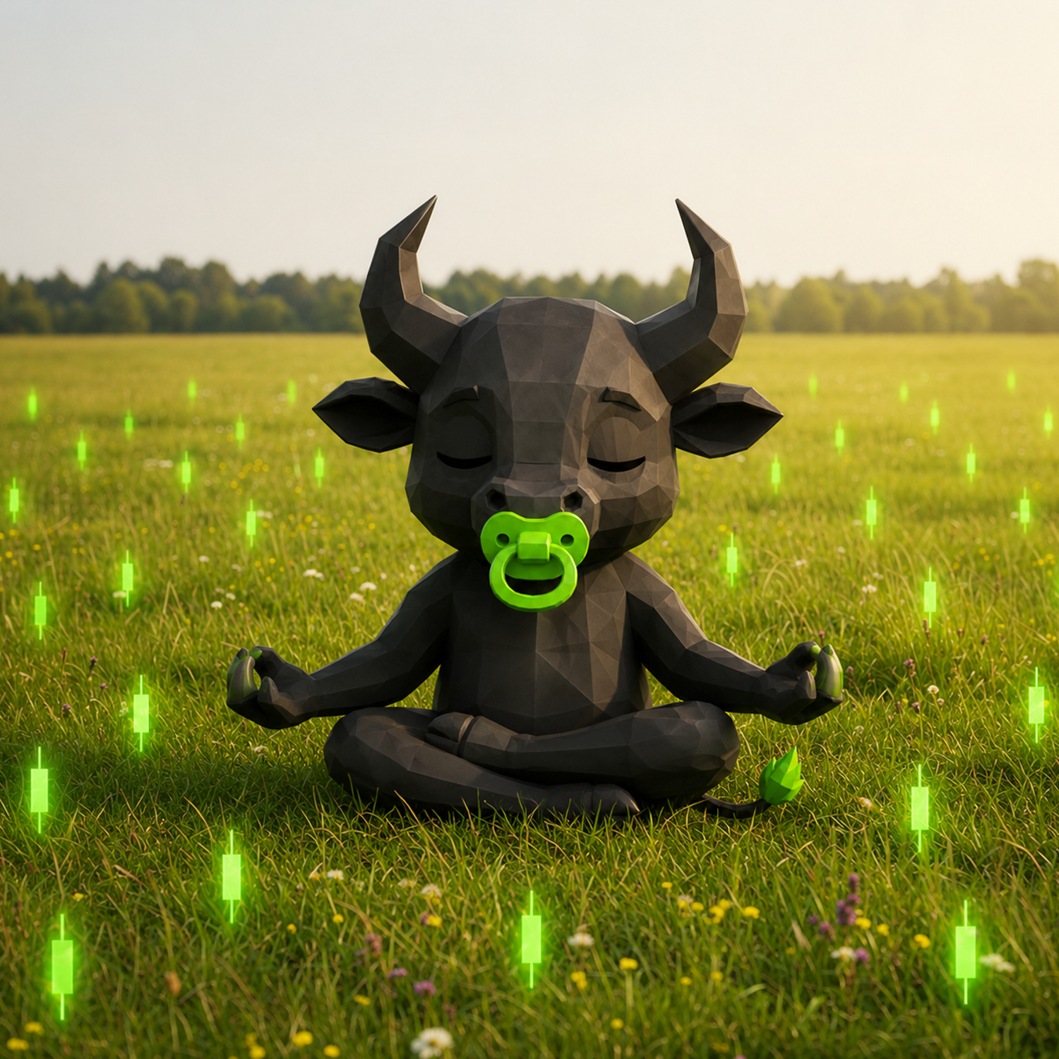 Baby Bull meditating in a field of glowing green candlesticks